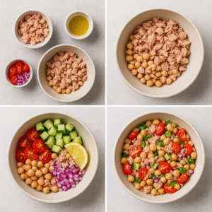 step-by-step preparation of chickpea tuna salad with chopped vegetables and mixed ingredients in a bowl