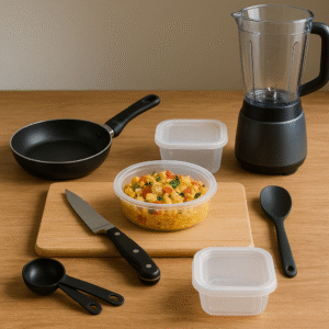 olo cooking utensils including skillet, spoon, and food containers