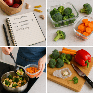 Four-step collage showing tips for cooking every day: planning meals, prepping vegetables, cooking in batches, and using tools.