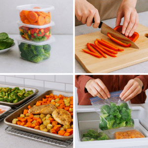 Four-step collage showing quick prep and freezing techniques: stacked containers, slicing peppers, cooling roasted meals, and sealing freezer bags.