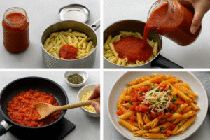 Four-step collage showing pasta with ready-made sauce: jar and pasta, sauce poured, sauce simmering with herbs, and plated pasta with cheese.