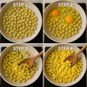 Step-by-step process of cooking scrambled eggs with potatoes in one pan, from raw potatoes to the finished dish.