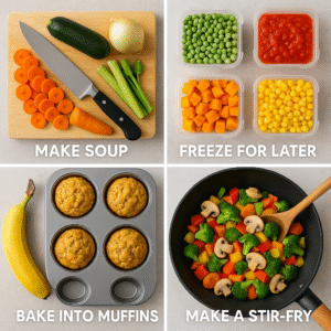 Four creative ways to reuse perishable ingredients: chopping vegetables for soup, freezing for later, baking muffins with ripe bananas, and cooking a colorful stir-fry