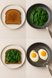 step-by-step toast with spinach preparation