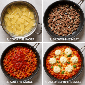 Step-by-step collage showing how to make practical skillet lasagna: cooking pasta, browning meat, adding sauce, and melting cheese in one pan.