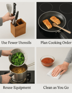 Four-step visual guide showing how to reduce dishes and cleanup time in a solo kitchen: one-pot meals, multi-use tools, rinse while cooking, skip extra bowls.