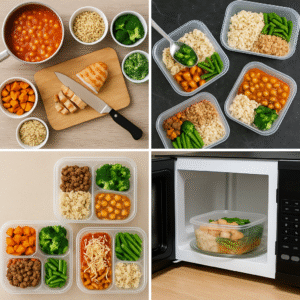 Freezer meal prep process with cooking, portioning, sealing, and reheating