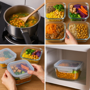 Meatless meal prep process: cooking, portioning, freezing, and reheating five plant-based bowls.