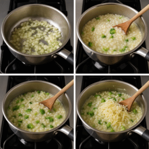 Step-by-step cooking process of cheese and broccoli risotto in one pot