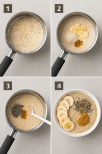 Four-step process of cooking high-protein breakfast porridge with oats, protein, and toppings.