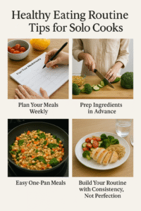 Four-photo collage of meal planning, ingredient prep, cooking, and a healthy plated meal.