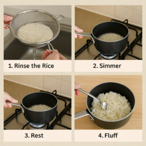 Four-step collage showing rinsing, simmering, resting, and fluffing rice for one.