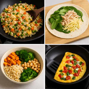 Collage of solo-friendly leftover transformations: fried rice, wrap, grain bowl, and omelet