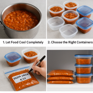 Collage showing the process: cooling food, portioning, labeling, and freezing flat.