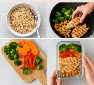 Collage showing the process: preparing grain base, adding protein, veggies, and packing into lunch containers.