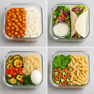 Collage of 4 meal prep containers showing different budget-friendly meals using similar ingredients.