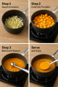 Four photos showing the process of sautéing, boiling, blending, and serving pumpkin soup in one pot.