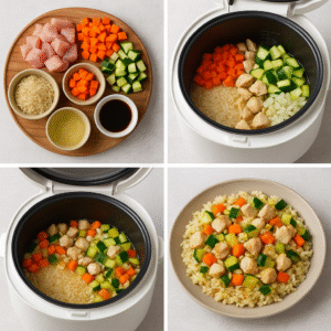 Four images showing ingredients, cooking inside an electric cooker, finished dish in the pot, and meal