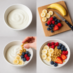 Four images showing yogurt preparation, fruit slicing, layering with granola, and the final served bowl.