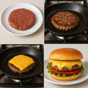 Four photographs showing the burger patty preparation, skillet cooking, cheese melting, and final sandwich assembly.