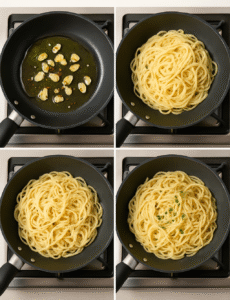 Step-by-step preparation of garlic and oil spaghetti in one pan, from cooking pasta to sautéing garlic and combining ingredients.
