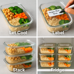 Collage of labeled, cooled, and neatly stacked containers in the fridge.