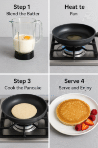 Step-by-step process to make a super quick oat pancake, from blending ingredients to cooking and serving in one pan.
