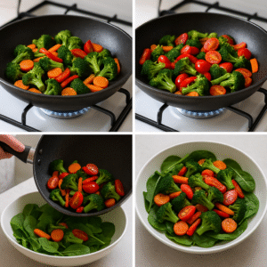 Four-step process for a warm salad with sautéed vegetables: heating oil, sautéing veggies, wilting greens, and dressing to serve.