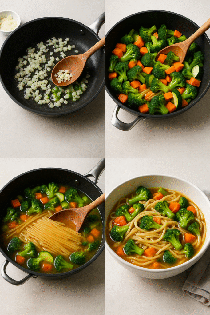 one-pot pasta recipe cooking in a pot with vegetables