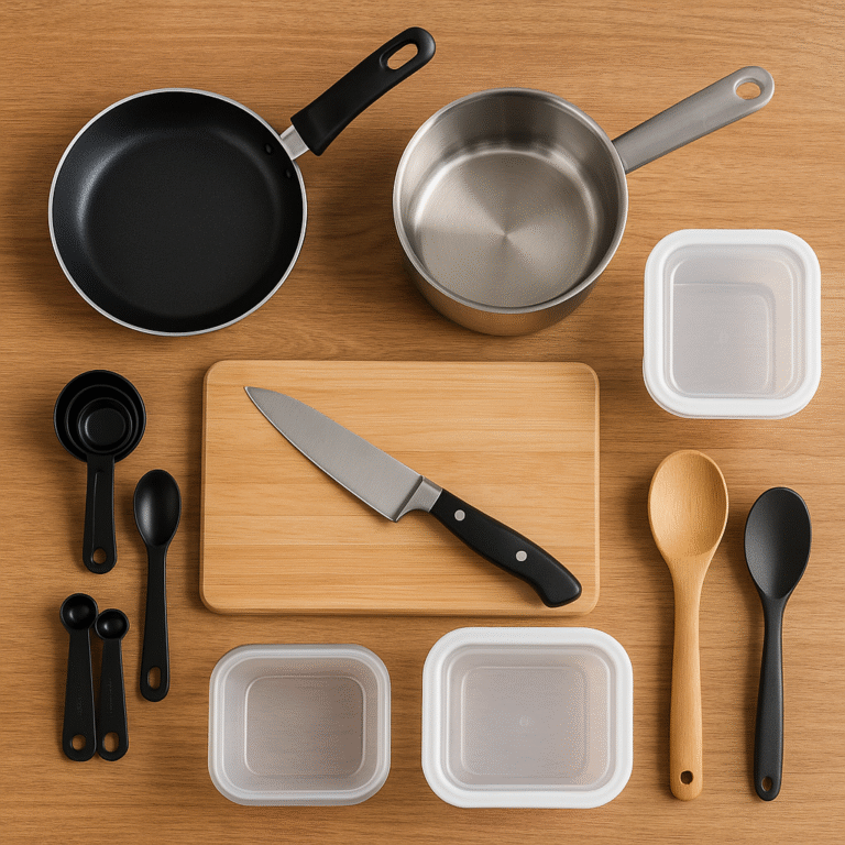 essential kitchen tools for solo cooking arranged on a countertop