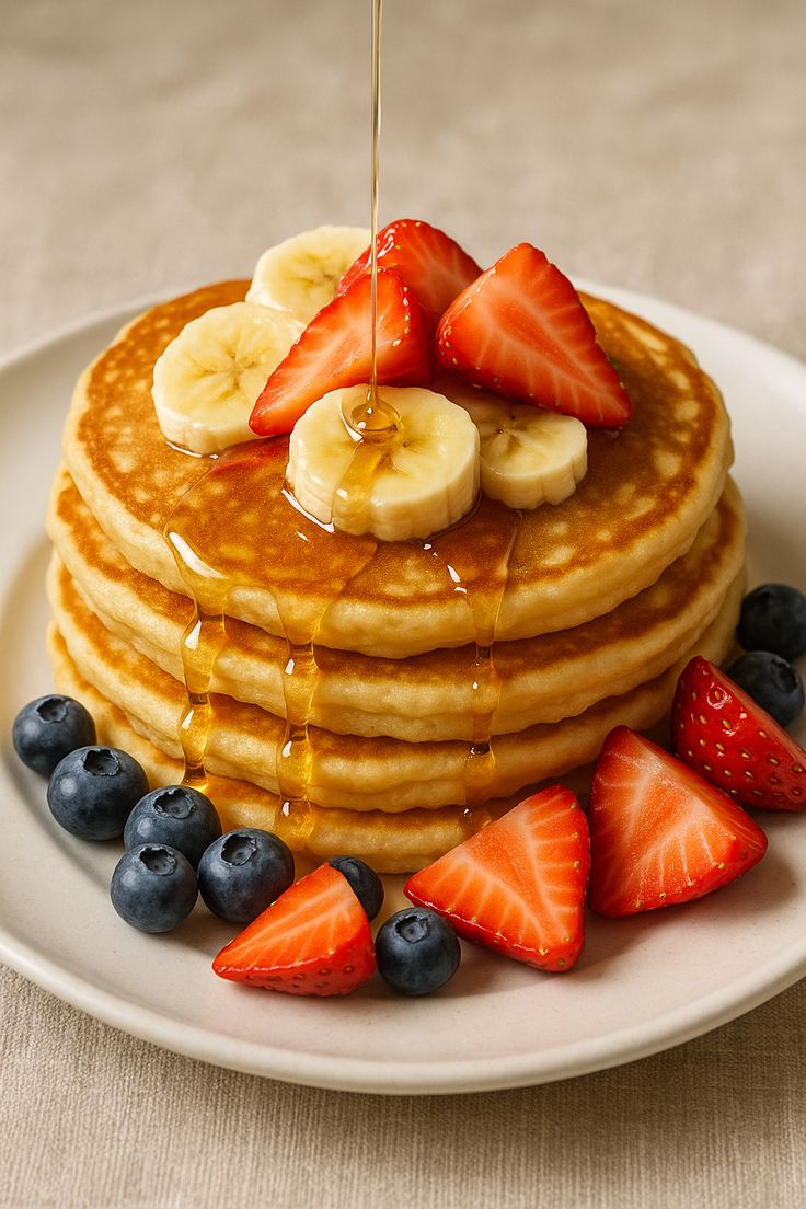 Fluffy super quick oat pancake served on a white plate with fresh fruit and honey drizzle.