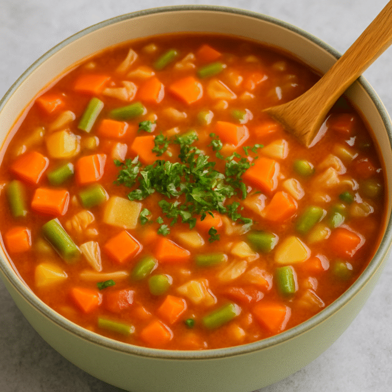 Bowl of complete vegetable soup with carrots, potatoes, green beans, and parsley garnish.