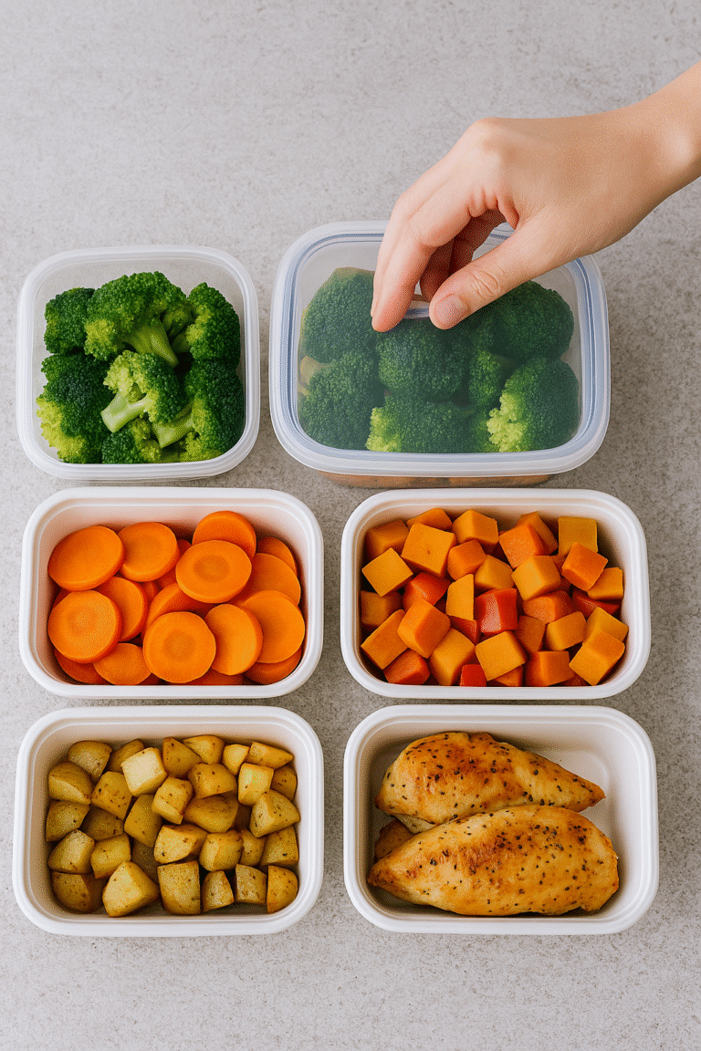 Top-down view of meal prep containers filled with broccoli, carrots, roasted chicken, potatoes, and cubed squash, ready for freezing.
