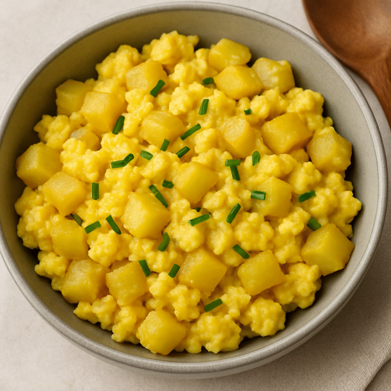 Golden scrambled eggs with diced potatoes cooked together in a skillet, a simple one-pot recipe.