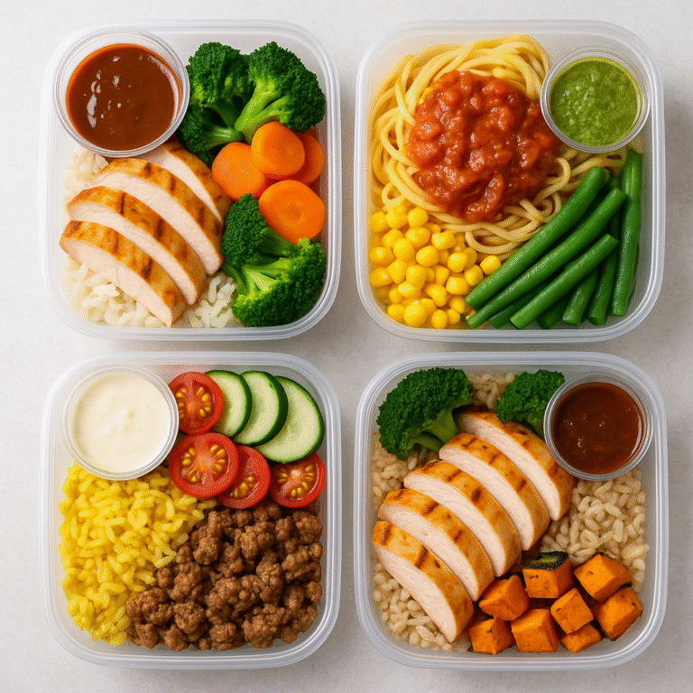 Weekly meal prep with separate sauces in containers, showing chicken, pasta, rice, vegetables, and different dressings.