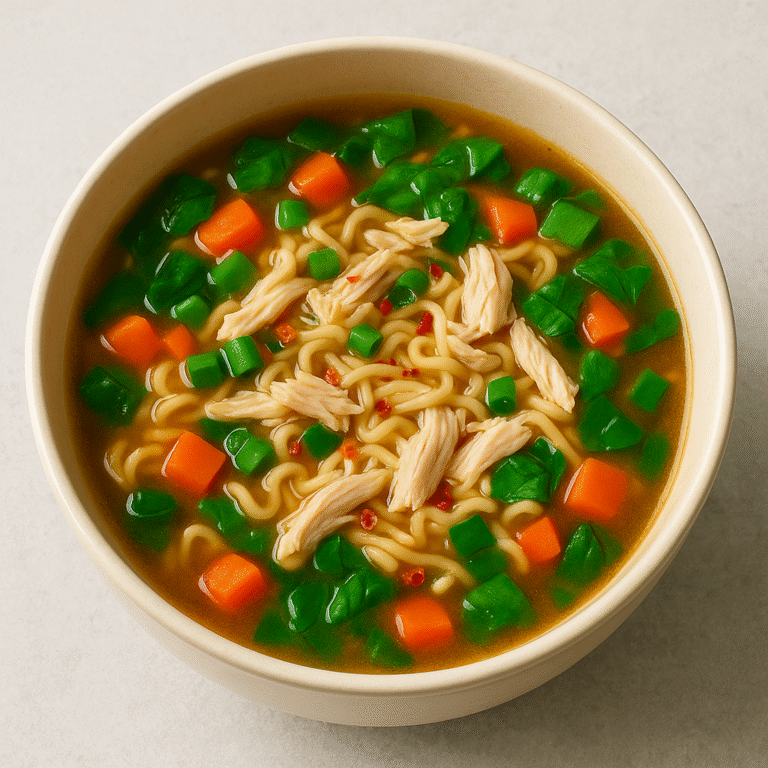 Bowl of homemade-tasting instant soup with noodles, vegetables, shredded chicken, and herbs.
