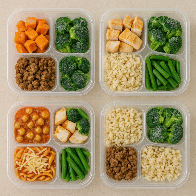 Colorful freezer meal prep bowls arranged in reusable containers.