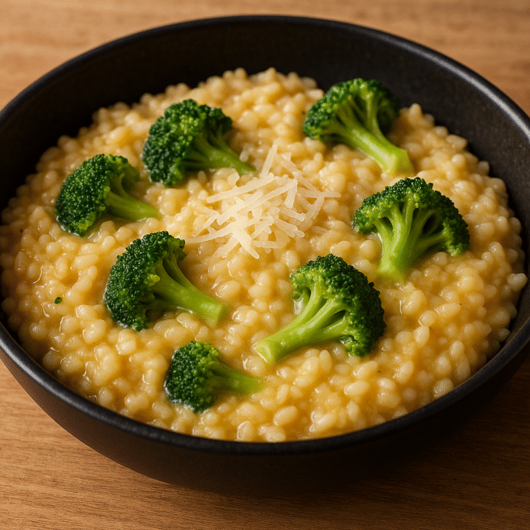 Creamy cheese and broccoli risotto served in a white bowl, garnished with herbs.