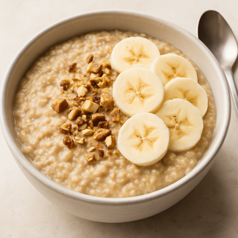 Bowl of warm protein porridge topped with banana, seeds, and almond butter.
