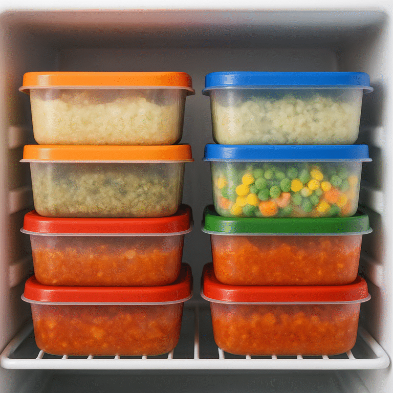 A freezer drawer filled with neatly labeled small containers and freezer bags