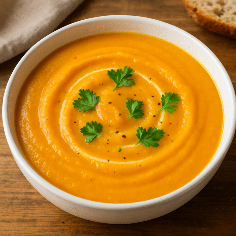 A creamy bowl of pumpkin soup topped with herbs and served on a wooden table.