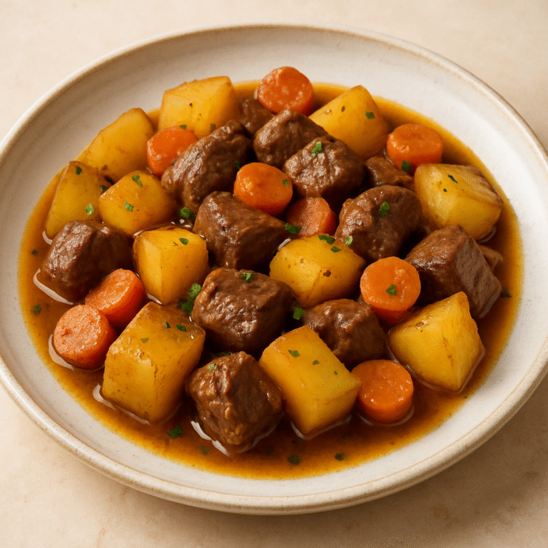 A steaming bowl of beef and potato stew, garnished with herbs on a rustic wooden table.