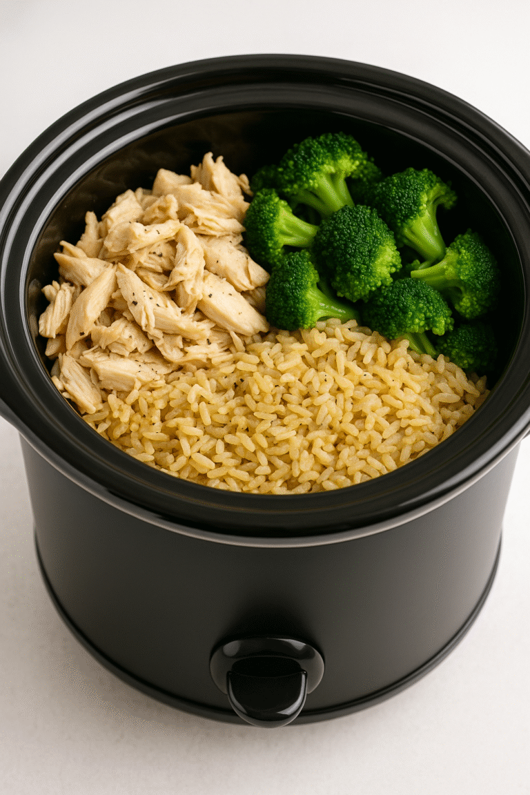 A colorful, balanced one-pot meal with rice, chicken, and vegetables served from an electric cooker.