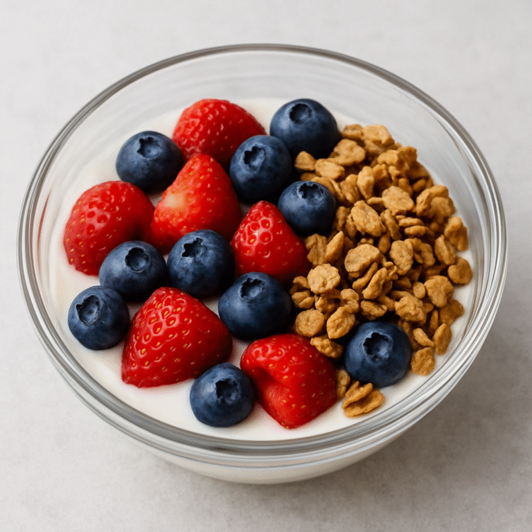 A colorful breakfast bowl with yogurt, fresh fruit, and granola served on a neutral background.