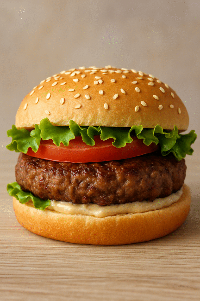 A close-up of a juicy skillet-cooked burger with melted cheese, lettuce, and tomato in a toasted bun.