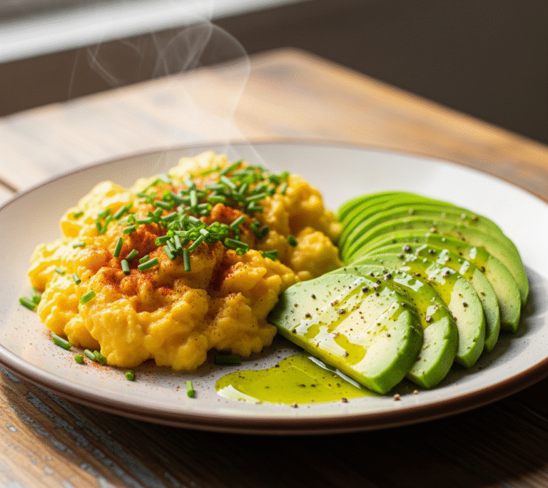 Scrambled eggs with avocado served on a white plate, garnished with fresh herbs.